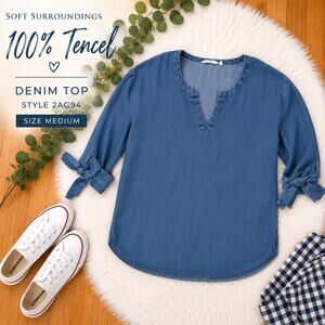 Soft Surroundings 100% Tencel Denim Top Blue Tie Sleeve Blouse Size Medium